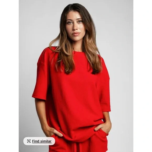 Comfrt Waffle Knit Lounge Set Size Large Red Matching Top Shorts 2 Piece NWOT - Picture 1 of 15